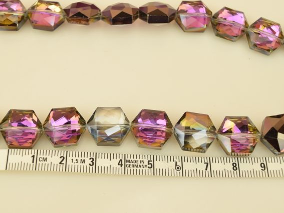 Кришталева намистина форма Гексагон 16х8 мм багатогранна з плакуванням, рожево-бузкова