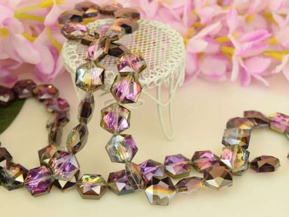 Кришталева намистина форма Гексагон 16х8 мм багатогранна з плакуванням, рожево-бузкова