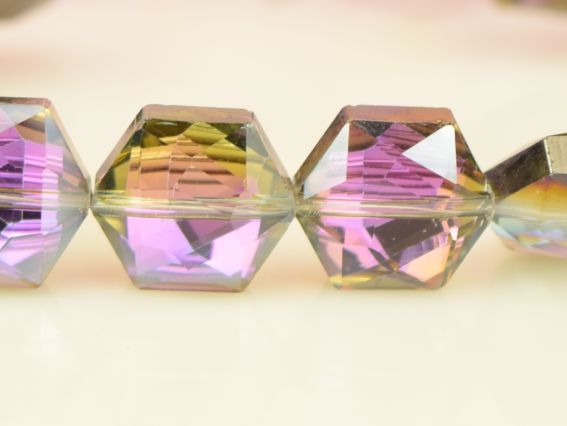 Кришталева намистина форма Гексагон 16х8 мм багатогранна з плакуванням, рожево-бузкова