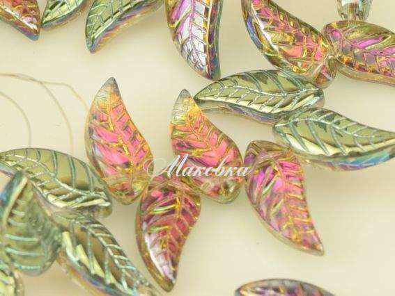 Бусина стеклянная Лист 8х18х5 мм с плакировкой, №3 зелено-янтарно-розовая 1 шт Бусина стеклянная Лист 8х18х5 мм с плакировкой, №3 зелено-янтарно-розовая 1 шт