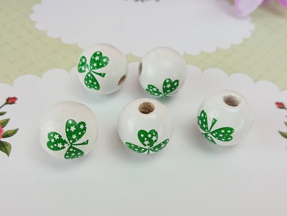 Дерев'яна намистина Біла з конюшиною, 16мм, 1 шт