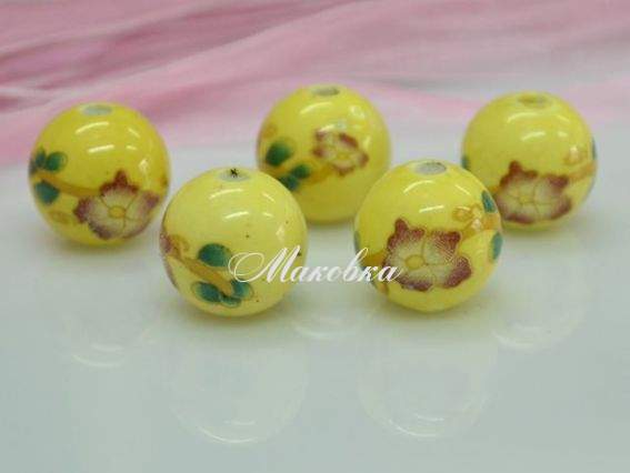 Фарфоровая бусина Ф-07, шар, желтая с цветами Фарфоровая бусина Ф-07, шар, желтая с цветами