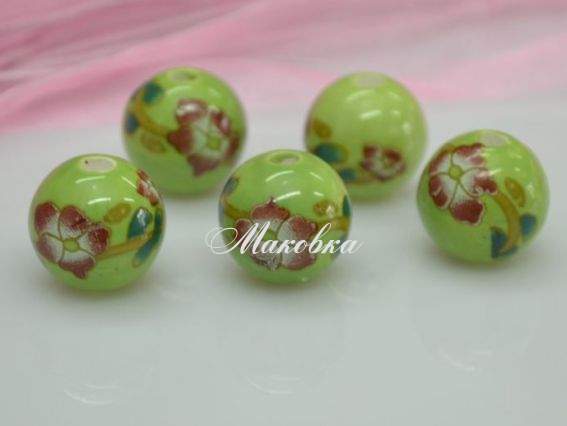 Фарфоровая бусина Ф-08, шар, салатовая с цветами Фарфоровая бусина Ф-08, шар, салатовая с цветами