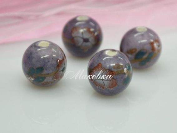 Фарфоровая бусина Ф-09, шар, сиреневая с цветами Фарфоровая бусина Ф-09, шар, сиреневая с цветами