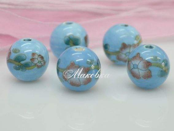 Фарфоровая бусина Ф-11, шар, ярко-голубая с цветами Фарфоровая бусина Ф-11, шар, ярко-голубая с цветами