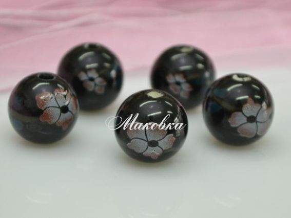 Фарфоровая бусина Ф-12, шар, черная с цветами Фарфоровая бусина Ф-12, шар, черная с цветами