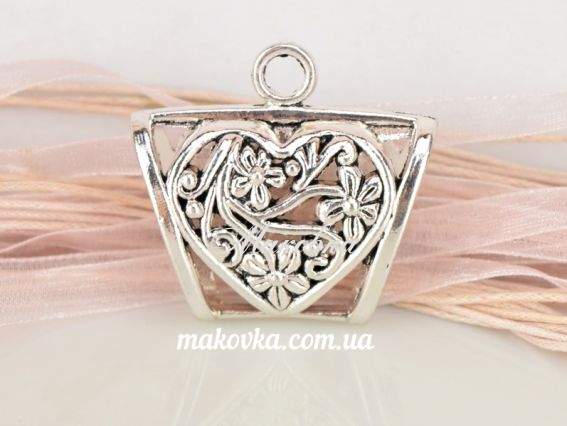Держатель подвески Бейл Сердце с цветами (двухсторонний), 39x37x17 мм античное серебро, 1 шт Держатель подвески Бейл Сердце с цветами (двухсторонний), 39x37x17 мм античное серебро, 1 шт