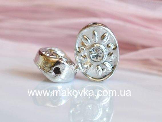 Металлическая бусина №30 Овальная со стразой 20х15 мм, платина, 1 шт