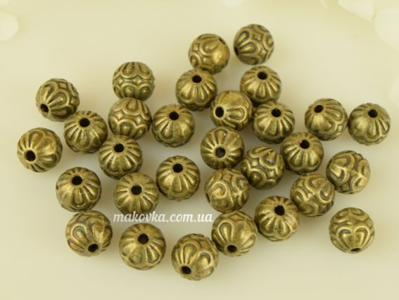 Намистинка металева №53, Куля Дві ромашки-обнімашки 9 мм, антична бронза, 1 шт