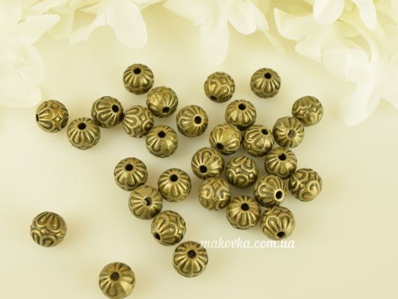 Намистинка металева №53, Куля Дві ромашки-обнімашки 9 мм, антична бронза, 1 шт