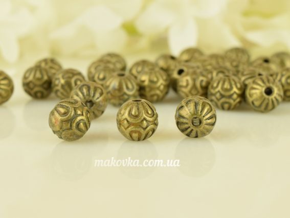 Металлическая бусина №53, Шар Две ромашки-обнимашки, 9 мм, античная бронза , 50 шт Металлическая бусина №53, Шар Две ромашки-обнимашки, 9 мм, античная бронза , 50 шт
