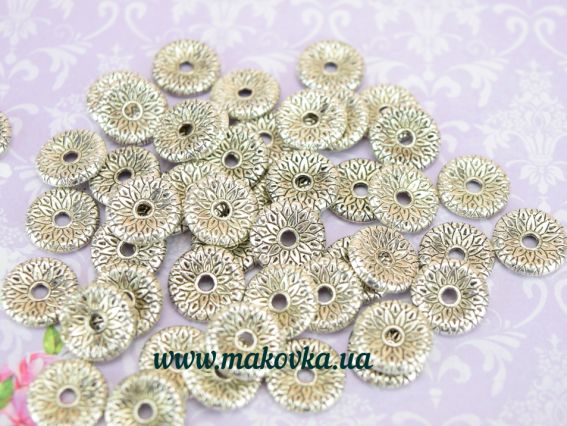 Металлическая бусина №61 Астра, плоская 13х2,5 мм, античное серебро, 50 шт Металлическая бусина №61 Астра, плоская 13х2,5 мм, античное серебро, 50 шт