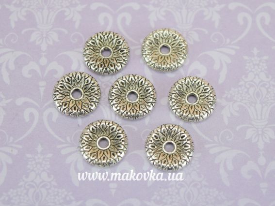 Металлическая бусина №61 Астра, плоская 13х2,5 мм, античное серебро, 1 шт Металлическая бусина №61 Астра, плоская 13х2,5 мм, античное серебро, 1 шт