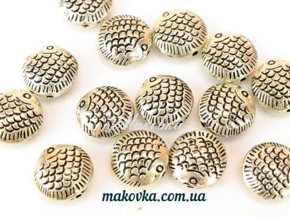 Металлическая бусина №62 Рыбка круглая 14x7 мм, античное серебро, 1 шт