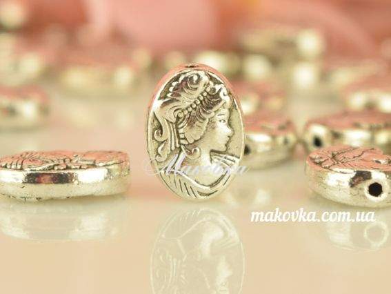 Металлическая бусина №68 Камея , античное серебро, 1 шт