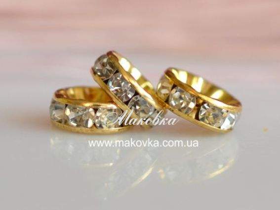 Рондель плоский Колесо со стразами 10 мм, золото с белым Рондель плоский Колесо со стразами 10 мм, золото с белым