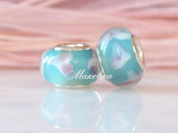 Бусина Пандора-стиля Lampwork №161 голубая с сердечками Бусина Пандора-стиля Lampwork №161 голубая с сердечками