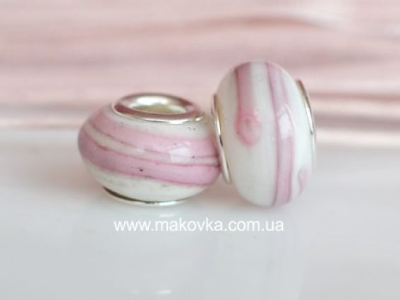 Бусина Пандора-стиля Lampwork №23 белая с розовой полосой Бусина Пандора-стиля Lampwork №23 белая с розовой полосой