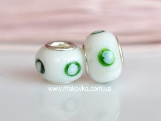 Бусина Пандора Lampwork №39 белая с зелеными пятнышками Бусина Пандора Lampwork №39 белая с зелеными пятнышками