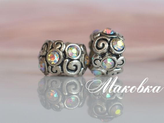 Бусина метал. со стразами №125 завитки белая перламутр
