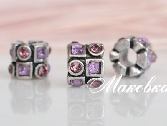 Бусина метал. со стразами №127 сиреневая кружочки и квадратики Бусина метал. со стразами №127 сиреневая кружочки и квадратики