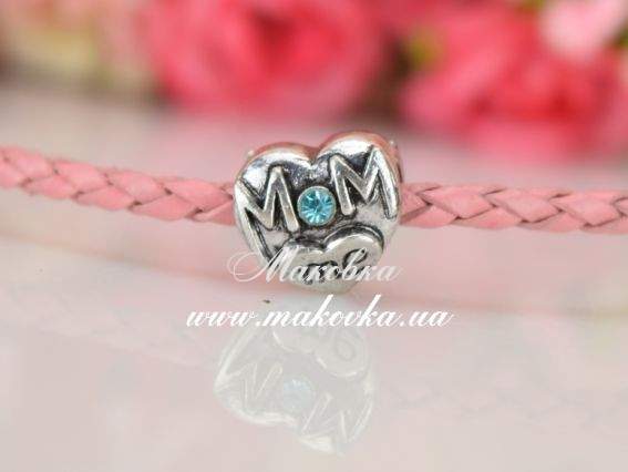 Бусина метал. со стразами №158 сердце MOM love me, голубая