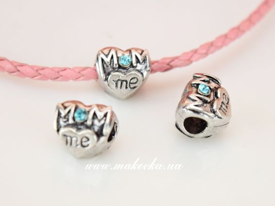 Бусина пандора-стиля металлическая со стразами №158 сердце MOM love me, голубая