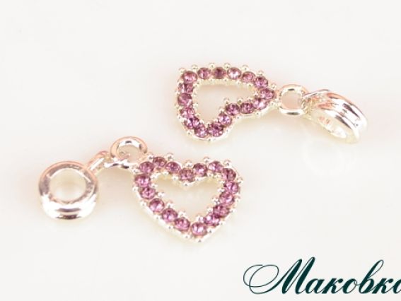 Бусина Пандора с подвеской Сердце (контур) с розово-сиреневыми стразами Бусина Пандора с подвеской Сердце (контур) с розово-сиреневыми стразами