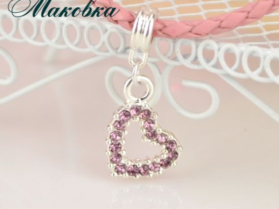 Бусина Пандора с подвеской Сердце с розово-сиреневыми стразами 