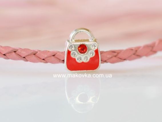 Бусина металическая для браслетов, цветная со стразой 28 красная сумочка