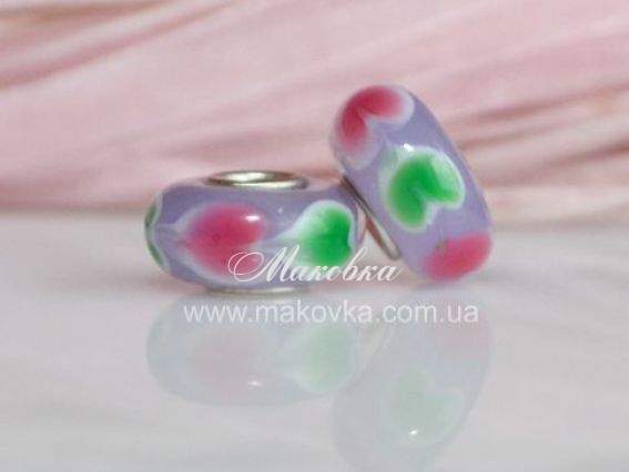 Бусина Евро Lampwork №16 сиреневая с сердечками Бусина Евро Lampwork №16 сиреневая с сердечками