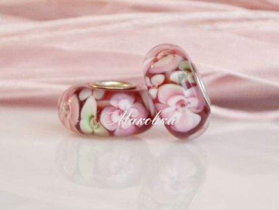 Бусина Евро Lampwork №38 красная с розами Бусина Евро Lampwork №38 красная с розами