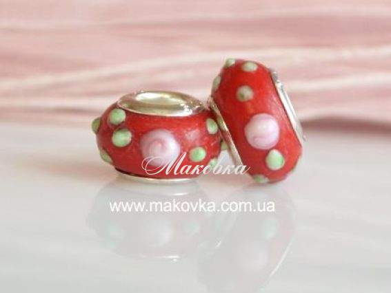 Бусина Пандора Lampwork №123 темно-красная с розочками Бусина Пандора Lampwork №123 темно-красная с розочками