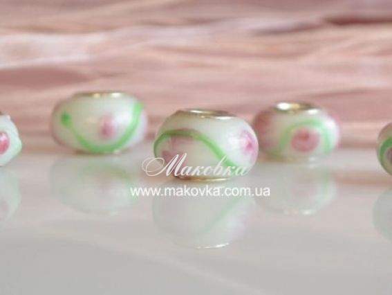 Бусина Пандора Lampwork №124 белая с розовым узором Бусина Пандора Lampwork №124 белая с розовым узором