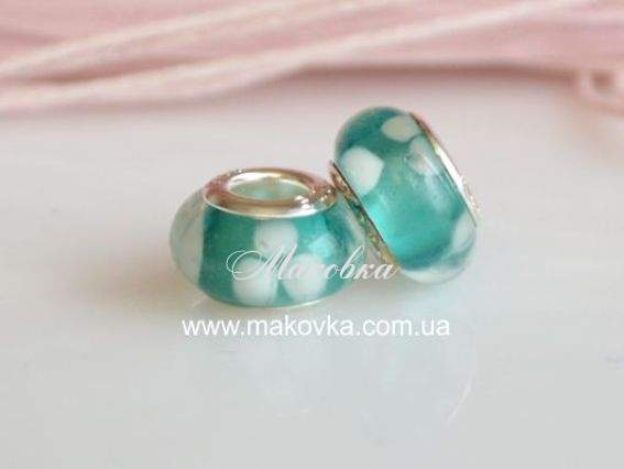Бусина Пандора Lampwork №127 мятная с белыми цветами Бусина Пандора Lampwork №127 мятная с белыми цветами