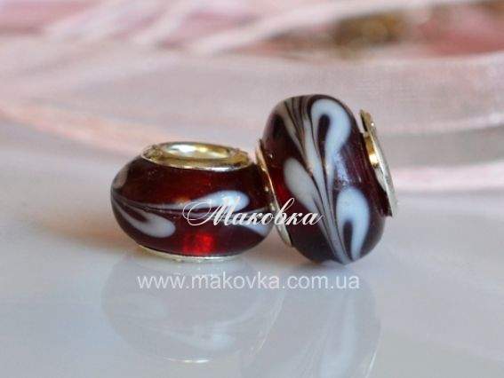 Бусина Пандора Lampwork №135 бордовая с белым Бусина Пандора Lampwork №135 бордовая с белым