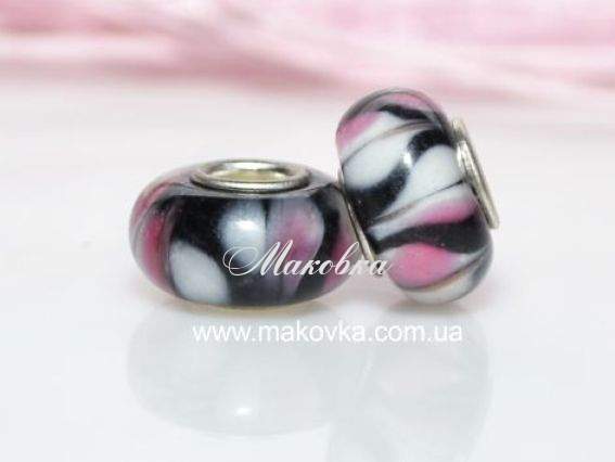 Бусина Евро Lampwork №04 черная с розово-белым узором Бусина Евро Lampwork №04 черная с розово-белым узором