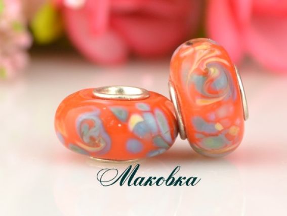 Бусина Евро Lampwork №100 оранжевая с желто-голубым узором Бусина Евро Lampwork №100 оранжевая с желто-голубым узором