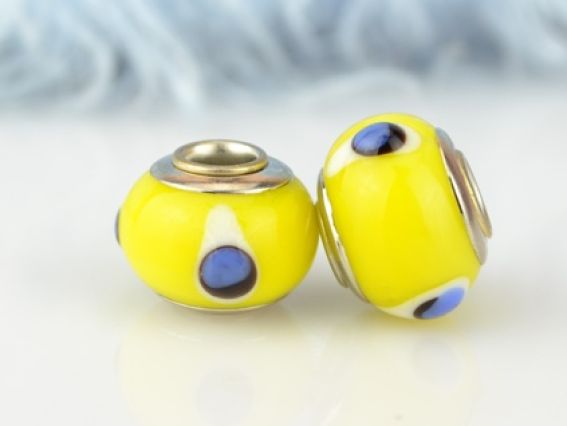 Бусина Евро Lampwork №101 ярко-желтая с синими кружочками