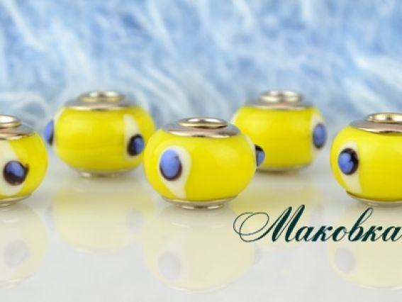 Бусина Евро Lampwork №101 ярко-желтая с синими кружочками