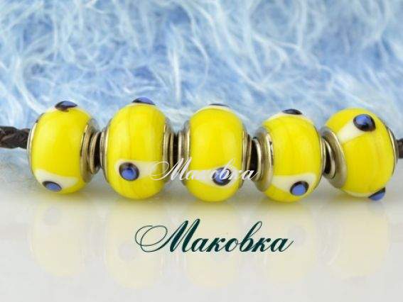 Бусина Евро Lampwork №101 ярко-желтая с синими кружочками Бусина Евро Lampwork №101 ярко-желтая с синими кружочками