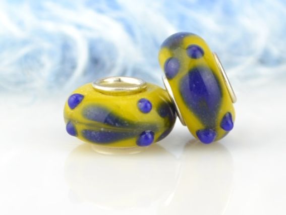 Бусина Евро Lampwork №103 желтая с синими сердечками
