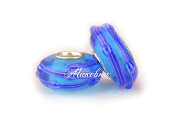 Бусина Евро Lampwork №112 синяя с полосками по-кругу и объемными каплями Бусина Евро Lampwork №112 синяя с полосками по-кругу и объемными каплями
