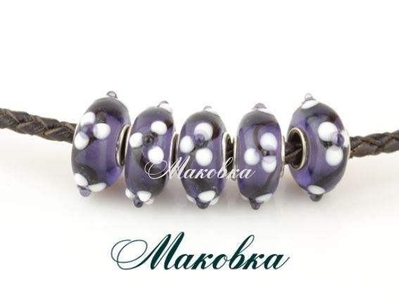Бусина Евро Lampwork №114 темно-сиреневая с белыми цветочками