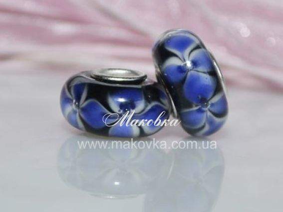 Бусина Евро Lampwork №12 черная с синими цветами Бусина Евро Lampwork №12 черная с синими цветами