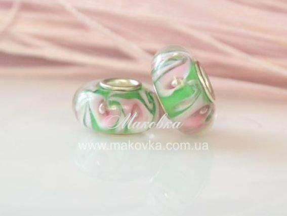 Бусина Евро Lampwork №46 салатовая с розовым узором Бусина Евро Lampwork №46 салатовая с розовым узором
