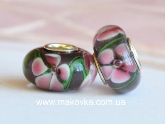 Бусина Евро Lampwork №50 темно-бордовая с цветами Бусина Евро Lampwork №50 темно-бордовая с цветами