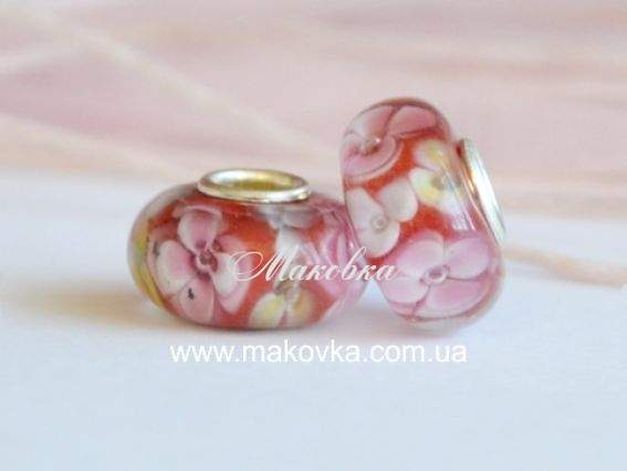 Бусина Евро Lampwork №52 красная с цветами Бусина Евро Lampwork №52 красная с цветами