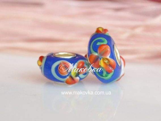 Бусина Евро Lampwork №57 синяя с красными цветами Бусина Евро Lampwork №57 синяя с красными цветами
