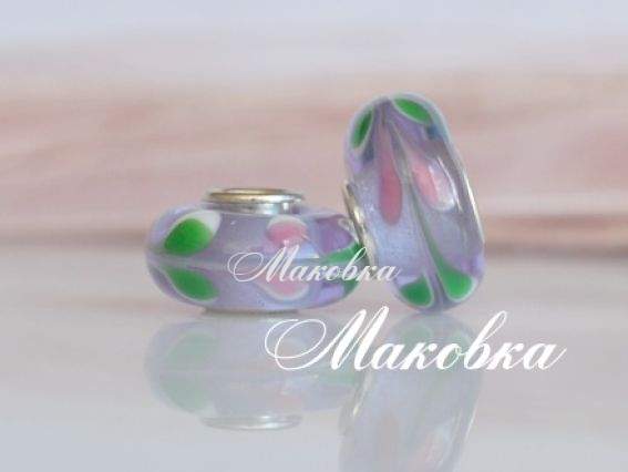Бусина Евро Lampwork №86 прозрачная сиреневая с розовыми и зелеными лепестками Бусина Евро Lampwork №86 прозрачная сиреневая с розовыми и зелеными лепестками